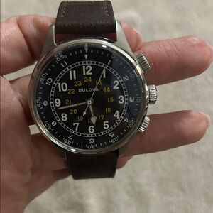 SOLD Bulova Automatic Pilot Silver and Brown Timepiece